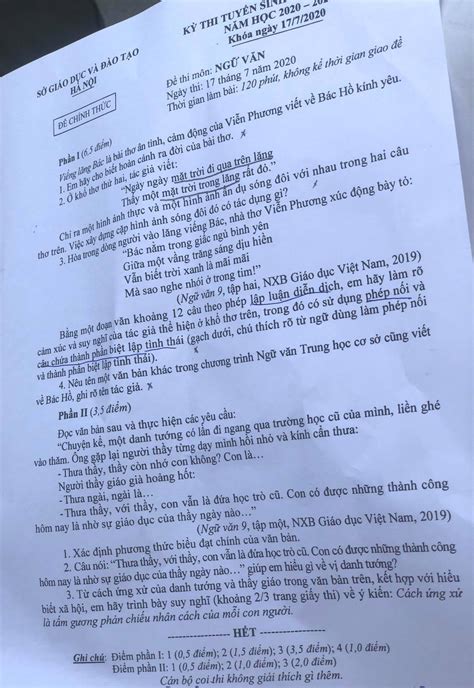 Đáp án đề thi môn Ngữ văn vào lớp 10 tại Hà Nội năm 2020