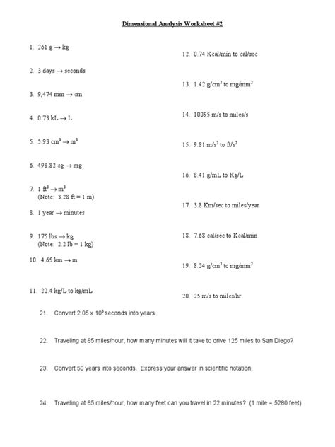 Dimensional Analysis Worksheet 2 Download Free Pdf Volume Litre