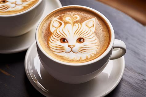 Cute Cat Latte Art Coffee In White Cup On Wood Table Cute Cat