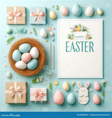 Cartoon Easter Basket With Painted Eggs And Spring Flowers Wicker Basket Full Stock Image