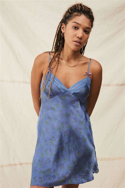 Urban Outfitters Uo Nellie Satin Floral Print Slip Dress In Blue Lyst