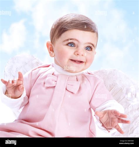 Little Angel In Heaven Adorable Baby Girl With White Wings On Blue