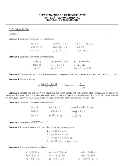 Matematica Atividade De Conjuntos Numéricos Pdf Matemática