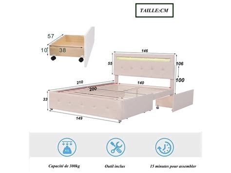 Lit Adulte Rembourr X Cm Avec Led Et Tiroirs Sommier Lattes