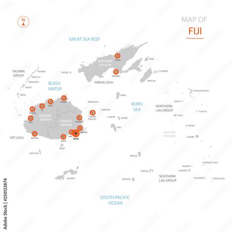 Stylized vector Fiji map showing big cities, capital Suva ...