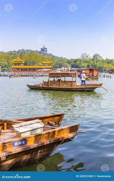 Traditional Wooden Boats In The Harbor Of West Lake In Hangzhou