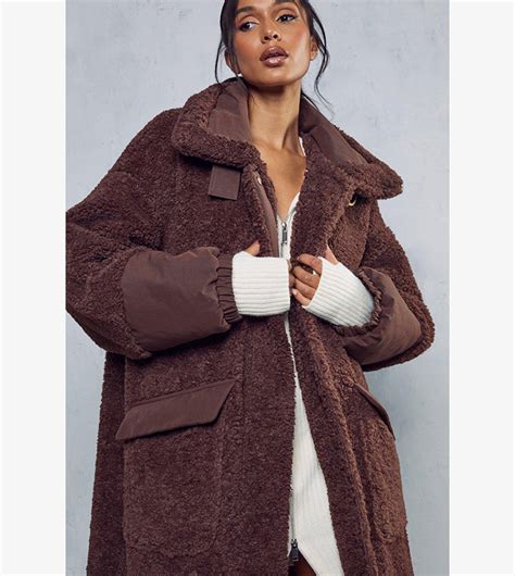 Buy Misspap Longline Contrast Detail Teddy Coat In Brown Thstreet Uae