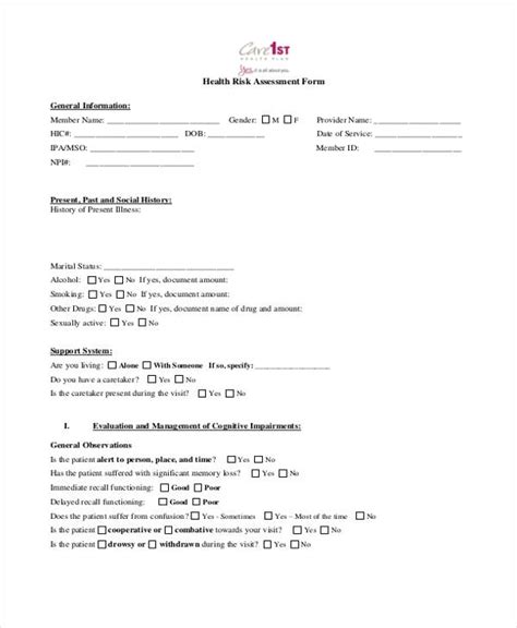 Free 45 Sample Health Assessment Forms In Pdf Ms Word