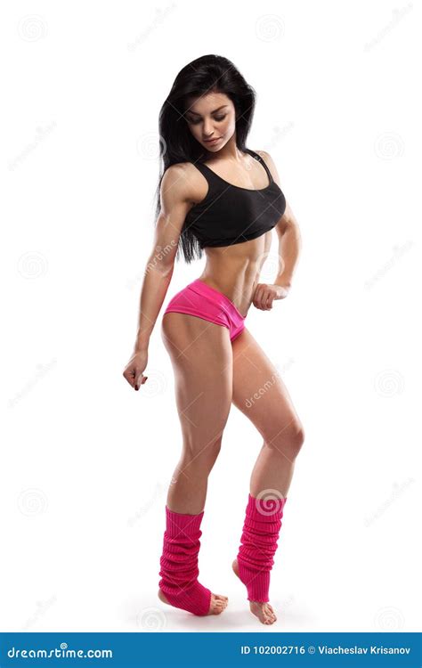 Full Body Portrait Of Slim Attractive Fitness Female In Pink Sportswear