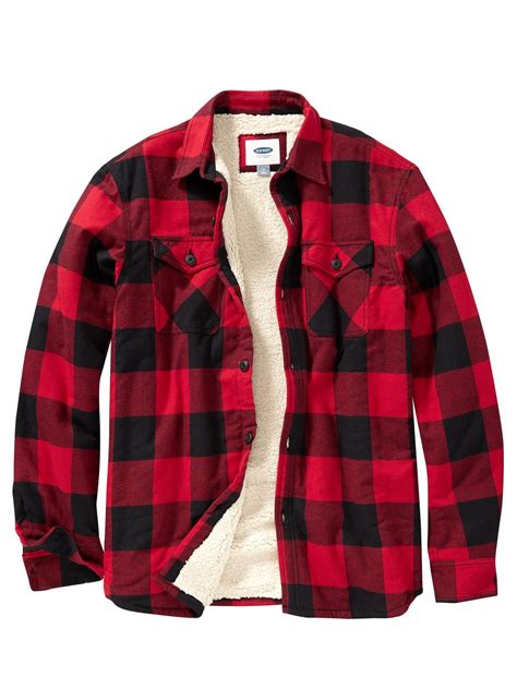 Faux Shearling Lined Flannel Shirt Jacket Red Buffalo Check Lined