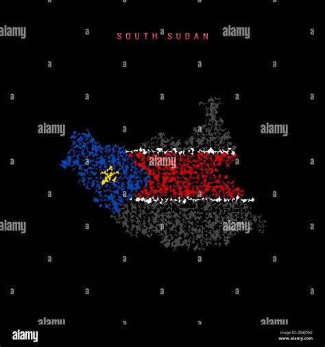 South Sudan Flag Map Chaotic Particles Pattern In The Colors Of The South Sudanese Flag Vector