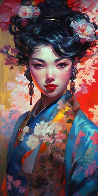 Premium AI Image A Painting Of A Woman With A Kimono And Flowers On