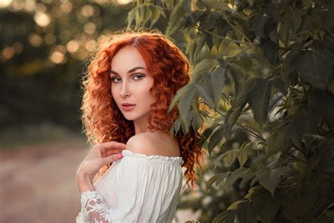 Wallpaper Redhead Women Outdoors Portrait Model Plants 2000x1335