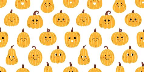 Vector autumn seamless pattern with cute pumpkins. Yellow smiling and ...