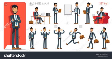 Set Version Businessman Character Different Poses Stock Vector Royalty