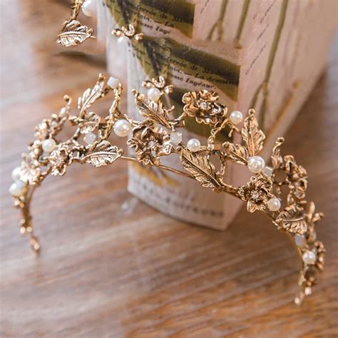 Vintage Barock Gold Farbe Perle Blatt Braut Tiaras Kristall Krone Hair