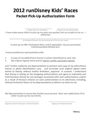 Fillable Online Packet Pick Up Authorization Form Rundisney Fax