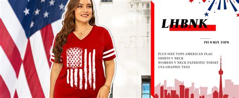 Plus Size Tops American Flag Shirts Womens V Neck Patriotic Tshirt Usa