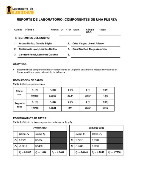 Reporte Resuelto De Laboratorio De Fisica Grupo Reporte De