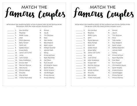 Match The Famous Couples Bridal Shower Game Printable Etsy