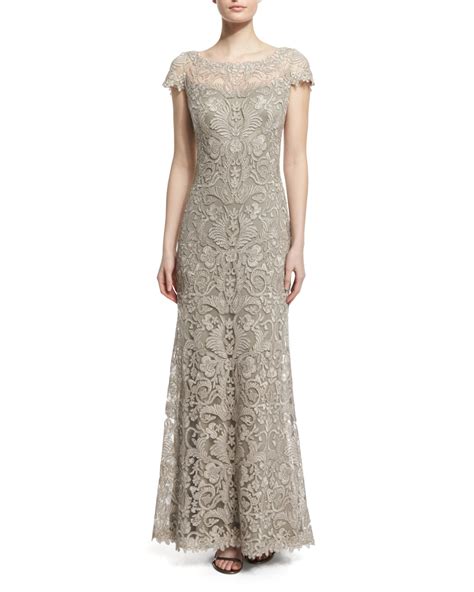 Tadashi Shoji Short Sleeve Lace Column Gown Neiman Marcus