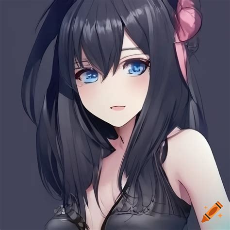 An Anime Girl With Black Hair And Blue Eyes Character Sheet On Craiyon