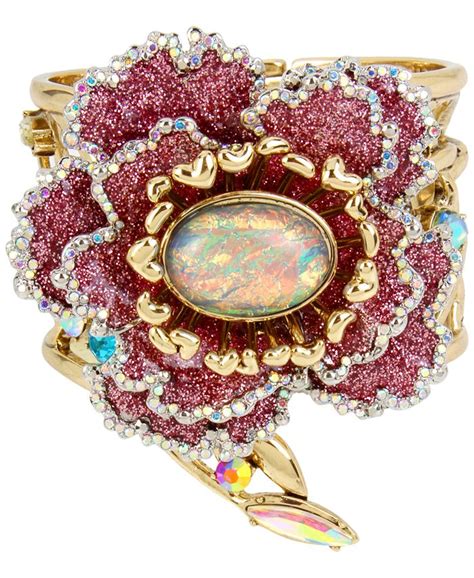 Betsey Johnson Gold Tone Glitter Flower Hinged Bangle Bracelet