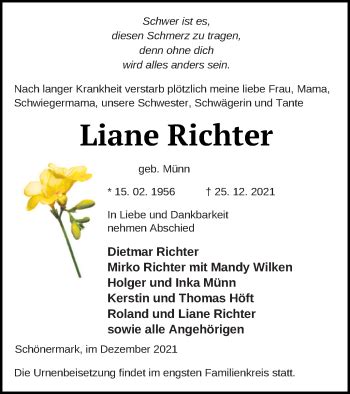 Traueranzeigen Von Liane Richter Trauer Nordkurier