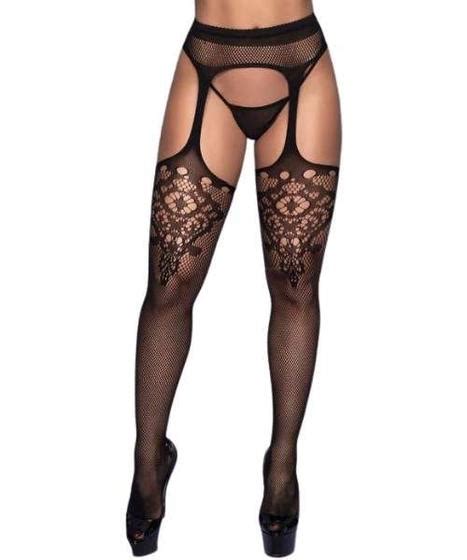 Meia Calça Preta Arrastão Tipo Cinta Liga Strass Atrás Yaffa Lingerie Meia Calça