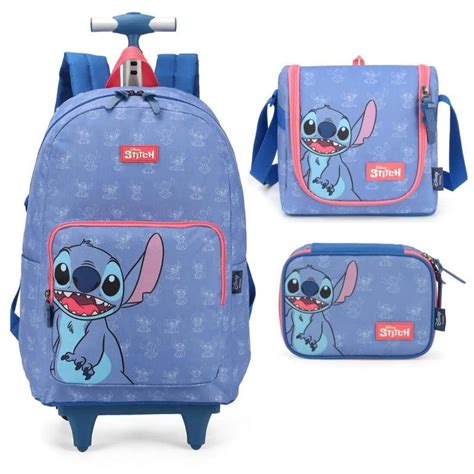 Mochila Infantil Rodinhas Stitch Lancheira E Estojo Azul Luxcel