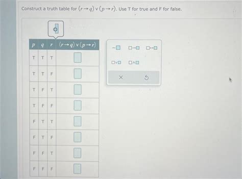 Solved Construct A Truth Table For R→q∨p→r Use T For