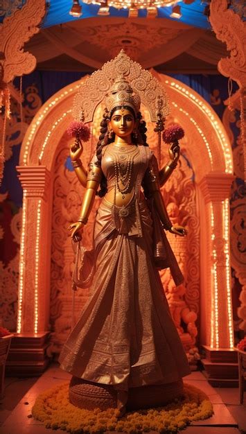 Premium Ai Image Goddess Durga Idol At Decorated Durga Puja Pandal