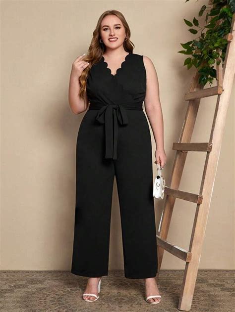 SHEIN Clasi Plus Scallop Trim Wide Leg Belted Jumpsuit SHEIN USA