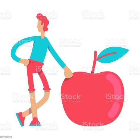 Young Man With Big Red Apple Semi Flat Color Vector Character Stock