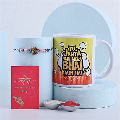 Buy Send Sneh Peacock Feather Rakhi Fun Bhai Mug Online Fnp