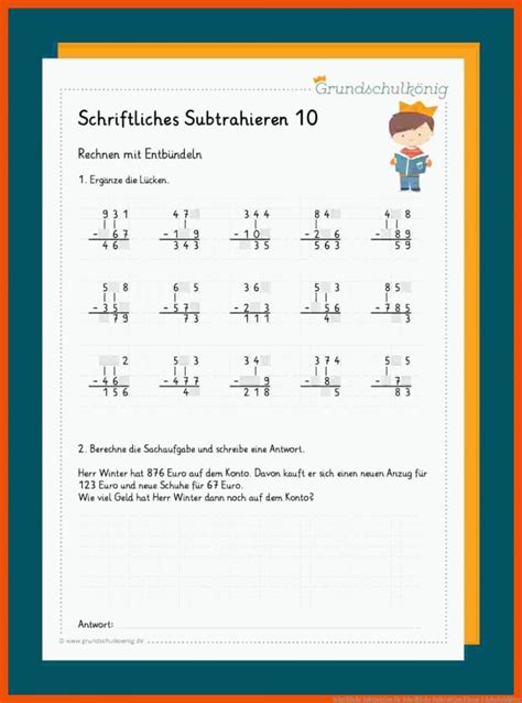 Schriftliche Subtraktion Klasse Arbeitsbl Tter Mathe Arbeitsbl Tter