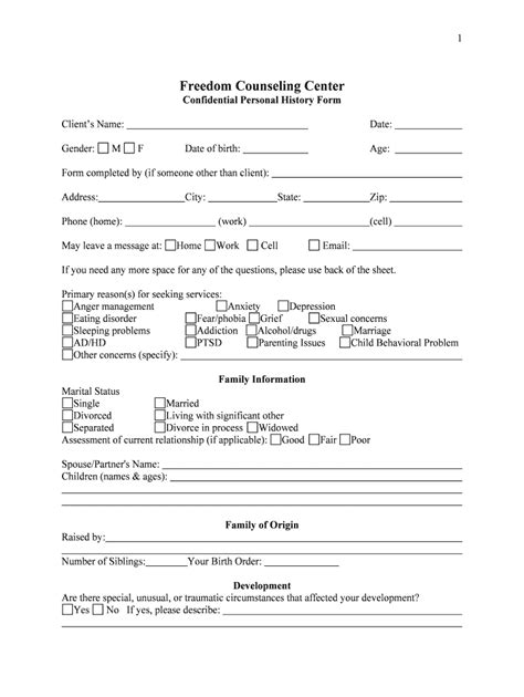 Fillable Online Personal History Form Freedom Counseling Center Fax