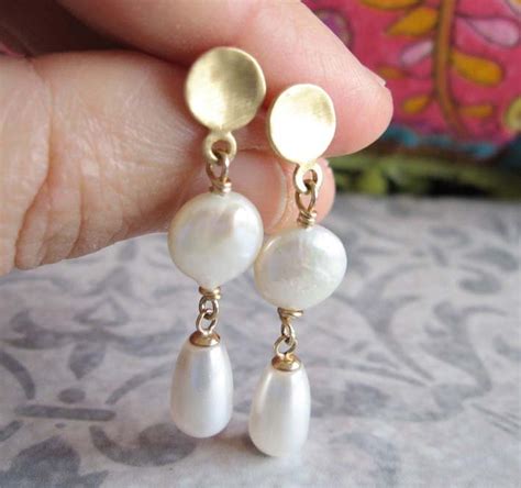 Gold and Pearl Earrings Dangle Post Earrings Wedding - Etsy