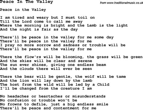 Negro Spiritual/Slave Song Lyrics for Peace In The Valley