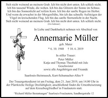 Traueranzeigen Von Annemarie M Ller Saarbruecker Zeitung Trauer De