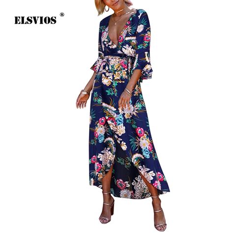 ELSVIOS 2018 Sexy Mulheres Floral Imprimir Vestido Profundo Decote Em V