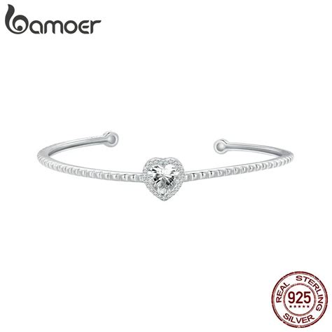 Bamoer Sterling Silver Sparkling Heart Shaped Opening Bracelet