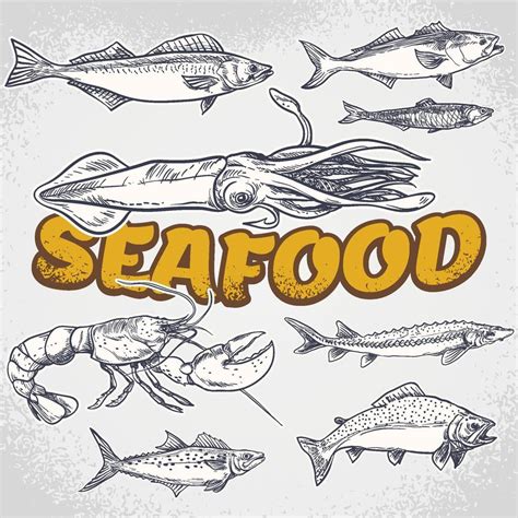 Vector Hand Drawn Seafood Restaurant Illustration Vintage Style Retro