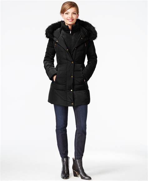 Lyst Jones New York Faux Fur Trim Down Coat In Black