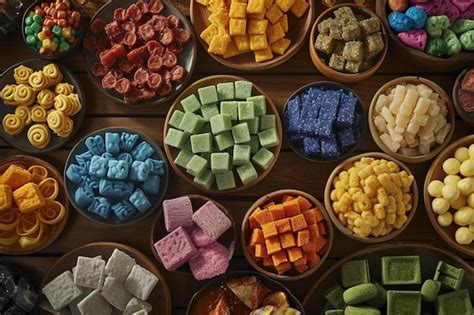 Premium Photo A Wooden Table Topped With Bowls Filled With Different