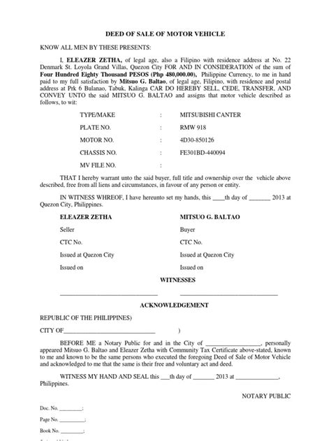 Deed Of Sale Of Motor Vehicle Pdf