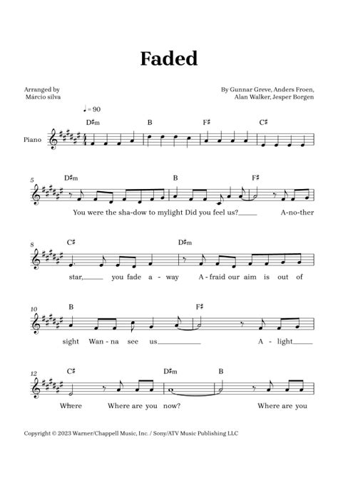 Faded Arr M Rcio Silva By Alan Walker Sheet Music For Piano Chords