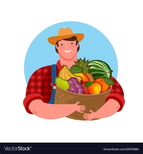 Farmer Holding A Basket Fresh Fruit Natural Vector Image