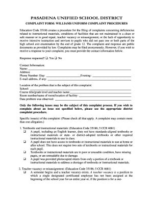 Fillable Online Complaint Form Williams Uniform Complaint Procedures