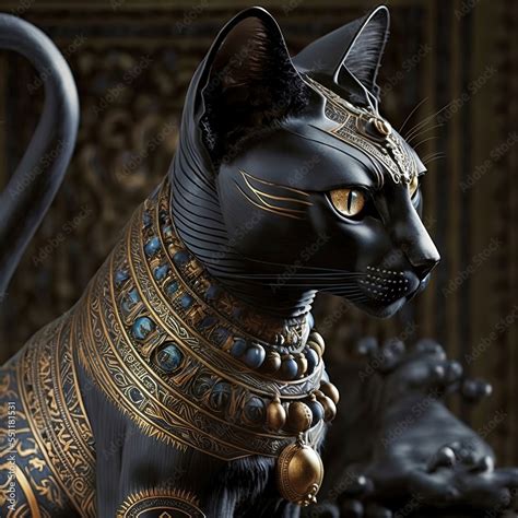 Black Egyptian Cat With Beautiful Gold Jewelry On A Dark Background